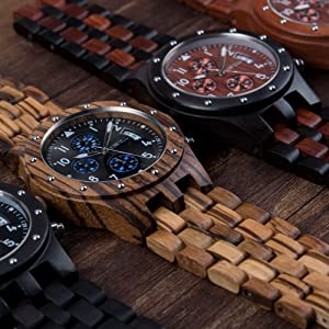 Bewell W109D Sub-dials Wooden Watch Quartz Analog Movement Date Wristwatch for Men (Zebra Wood)