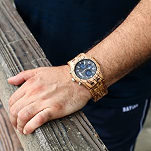 BEWELL Wood Watches for Men Date Display Chronograph Quartz Zebra Wood Wrist Watch W109D