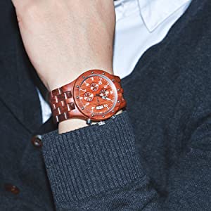Bewell W109D Mens Wood Watches Chronograph Quartz Luminous Wristwatch with Date Display