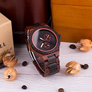 BEWELL Wooden Watch Men Quartz Analog Calendar Luminous Vintage Light Weight Wood Watch for Men