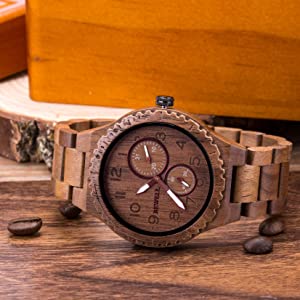 BEWELL W154A Wooden Watch Mens Handmade Lightweight Quartz Date Luminous Wood Watch for Men - Walnut