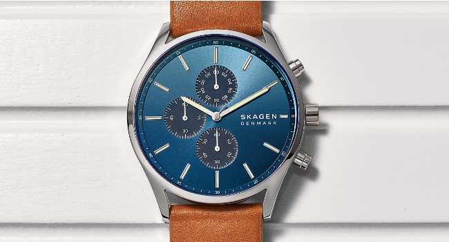 Brown Leather Skagen Watch with Blue face and three chronograph dials