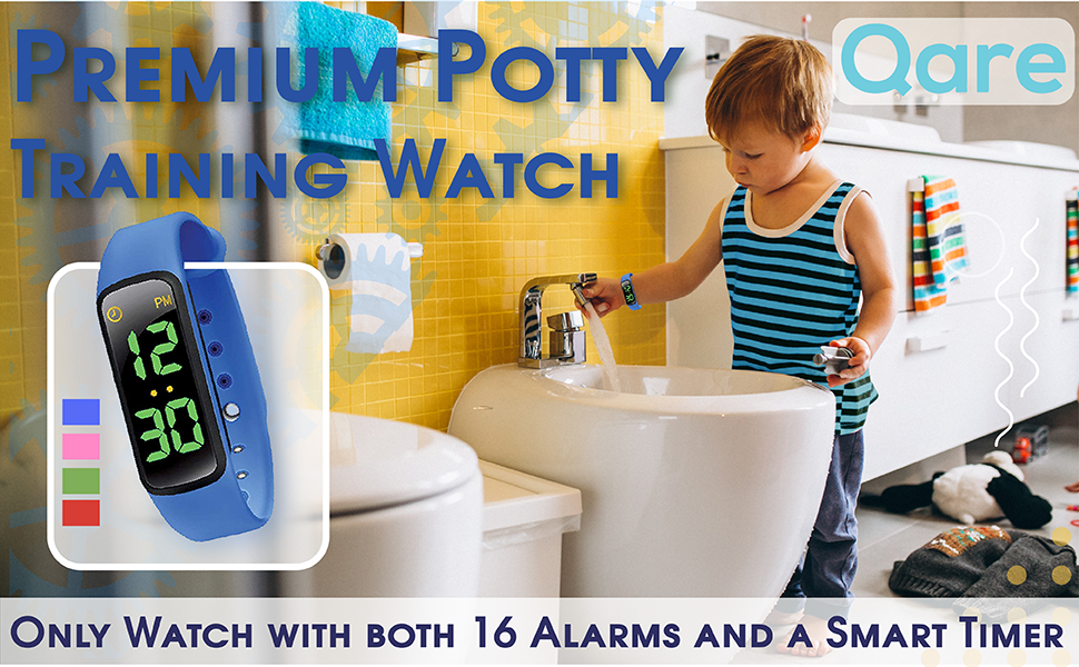 premium potty training watch by qare boy girl toddelr in bathroom next to toilet