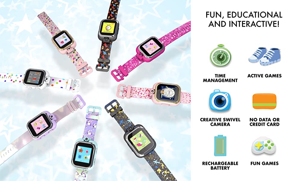 Photo of PlayZoom watches with different bands. Text reads "Fun, Educational, and Interactive!"