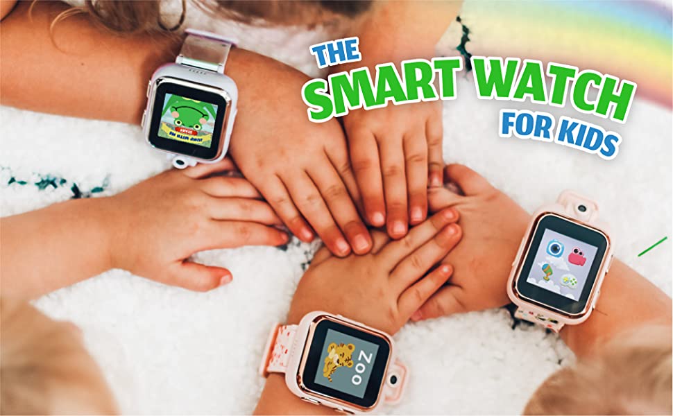 Photo of kids’ wrists with PlayZoom watches. Text reads "The smartwatch for kids."