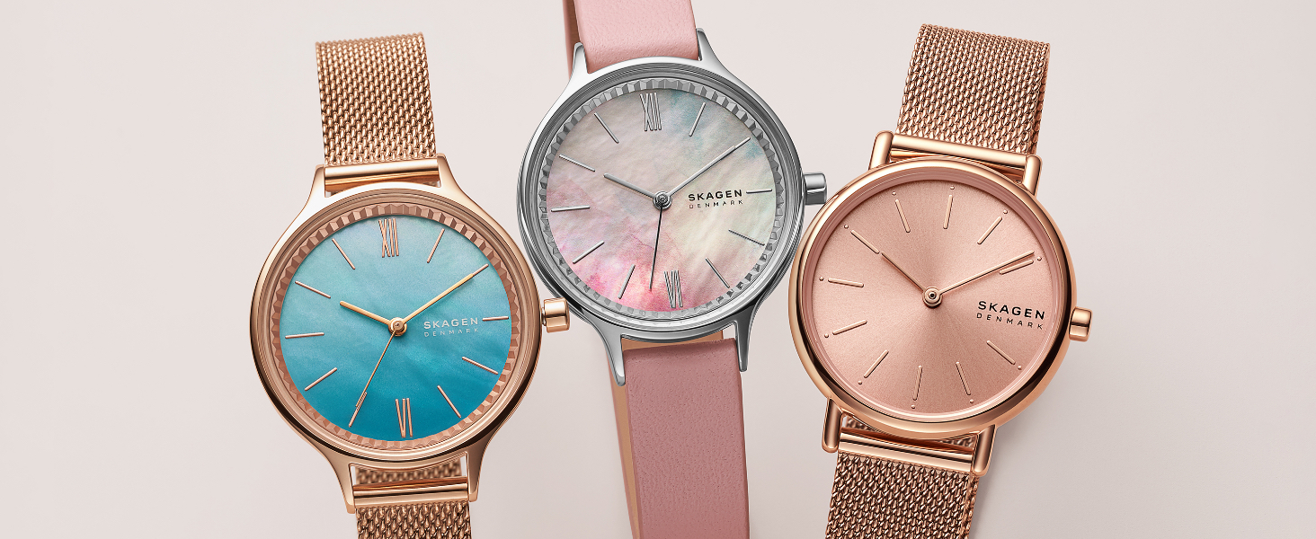 Skagen Women's Watches Gold watch with blue face wiht mesh strap, Pink Watch and Rose Gold Watch